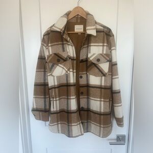 Tan white and black plaid shacket or warm barn jacket